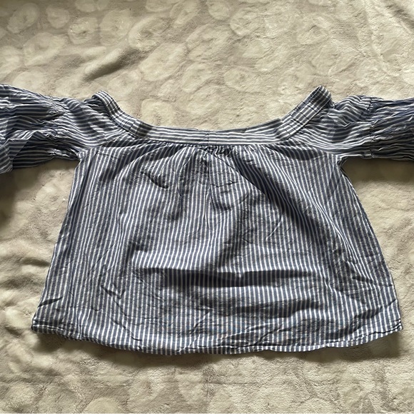 BCBGMaxAzria Blue & White Striped Long Sleeve Off the Shoulder Callison Top Smal - Picture 4 of 10